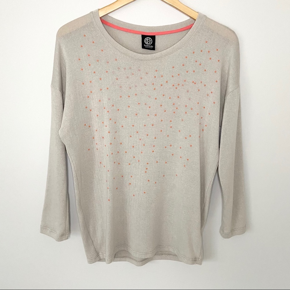 BOBEAU Beige Lightweight Polka Dot Beaded Sweater
